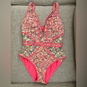 Becca by Rebecca Virtue Reveal Crochet Plunge One-Piece Coral Crush